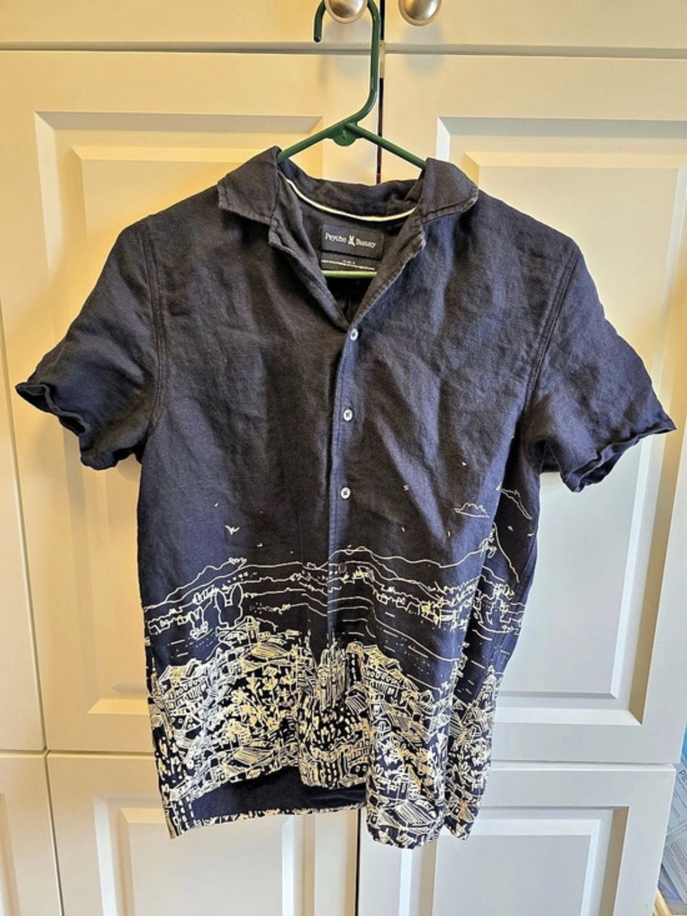Psycho Bunny Boys Luke Tencel Border Shirt Navy Blue Short Sleeve Size L 14/16